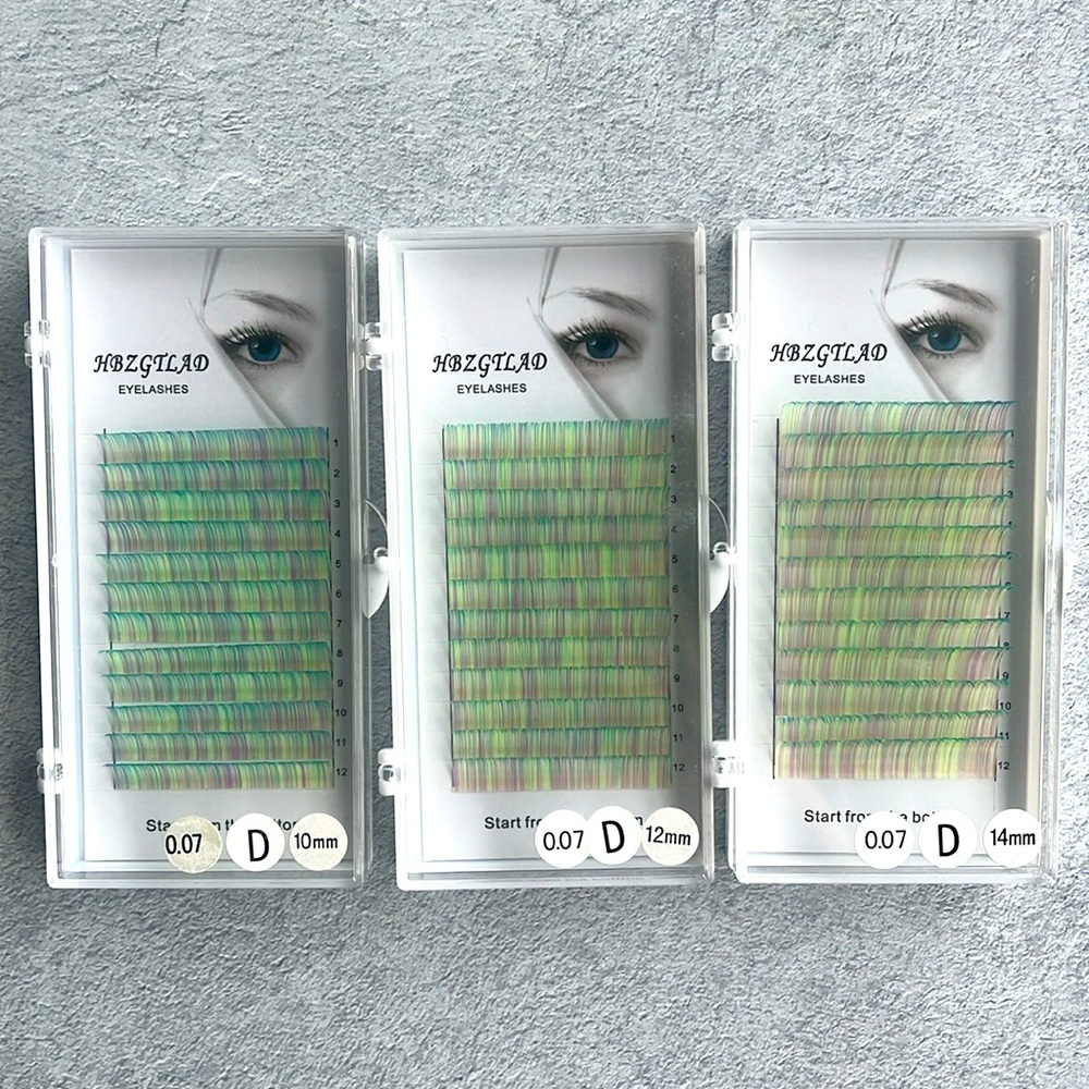 Rainbow eyelash extension trays D curl 10, 12, 14 0.07 blue, pink, yellow, green